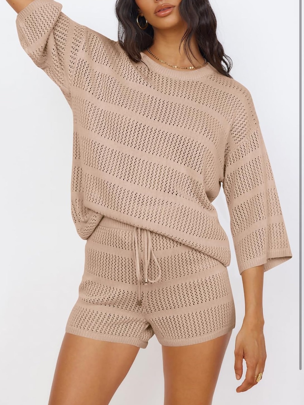 Knit Tan/Beige Crochet Summer Swim Coverup Set Beach Outfit- Women Medium